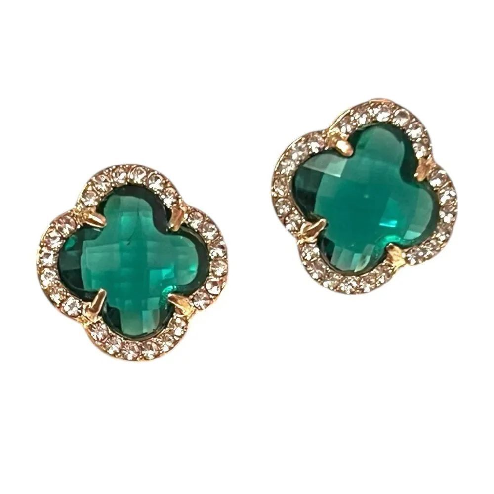 Elegant Green And White Crystal Clover Gold Tone Stud Earrings